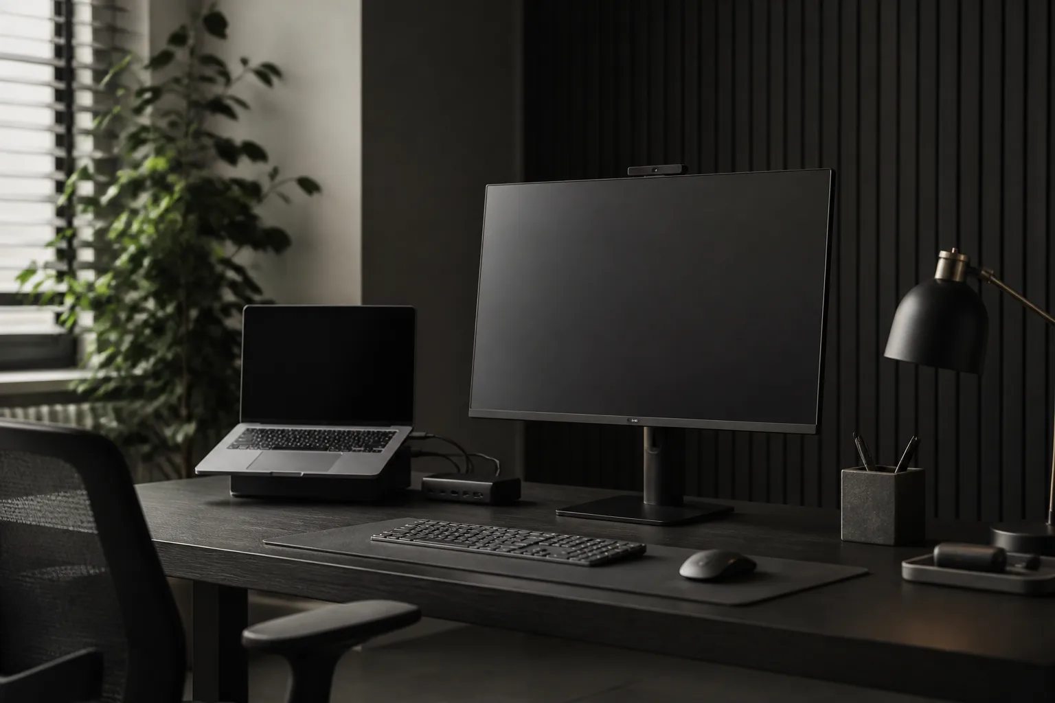Professionally arranged computer workstation with laptop dock and display